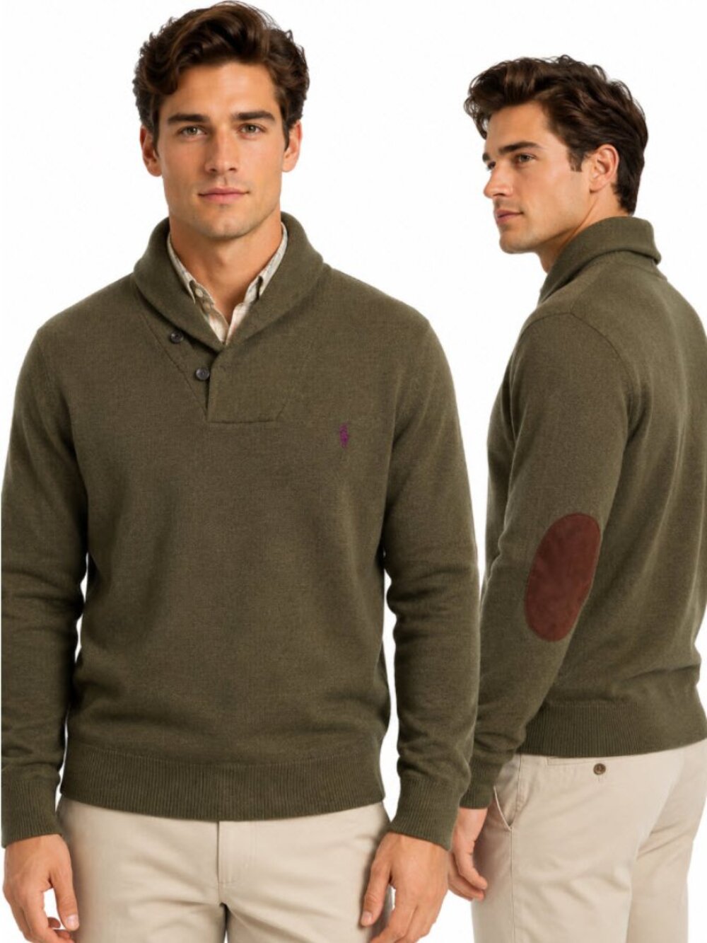 Polo Ralph Lauren Olive Shawl Collar Elbow Patch Sweater XL